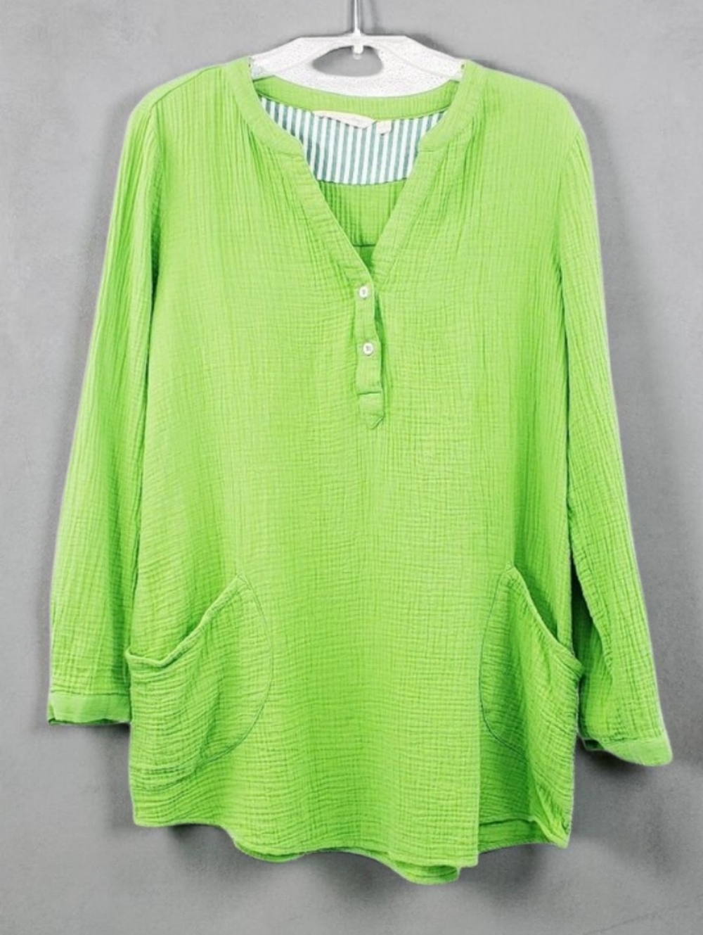 Soft Surroundings Tunic Size L Lime Green Cotton Gauzy Pockets Notch Neckline